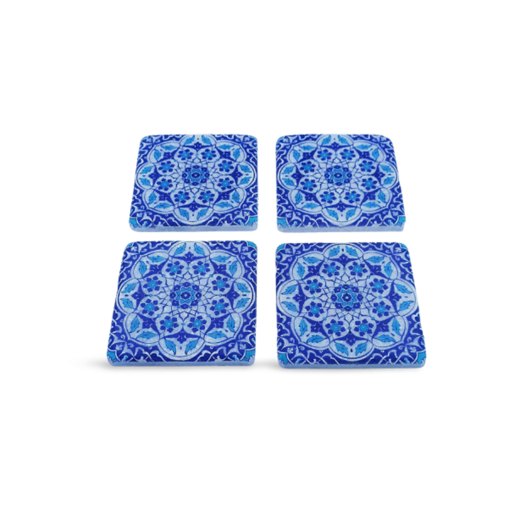 Mavi Desenli Doğal Mermer Bardak Altlığı